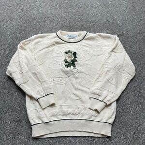 VINTAGE Chelsea Gardens Sweater Medium White Floral Crew Made USA Grannycore